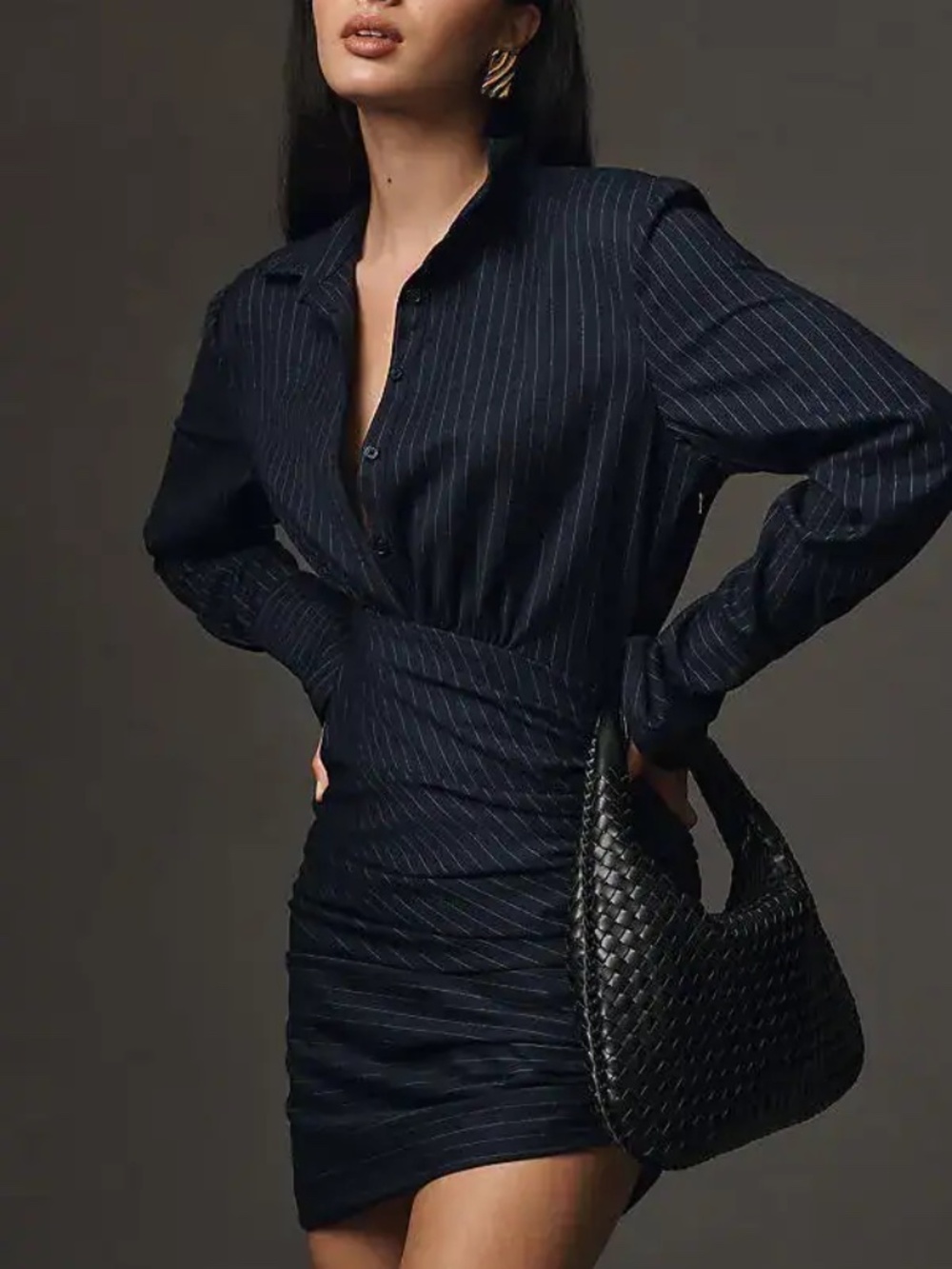 NWT Bardot Viera Striped Long Sleeve Ruched Shirtdress in Navy - Size 4!